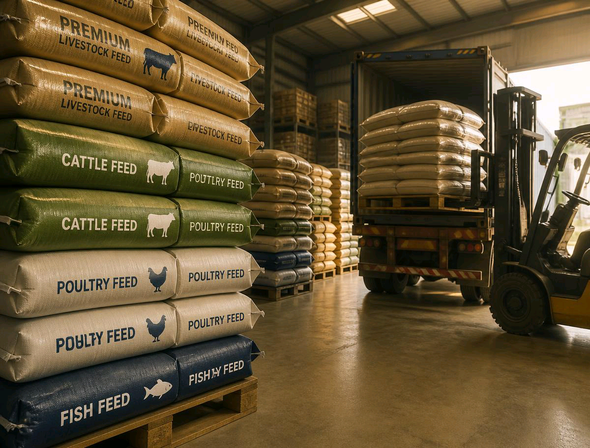 Bagged cattle, poultry and fish feed stacked in a warehouse while a forklift loads a delivery truck